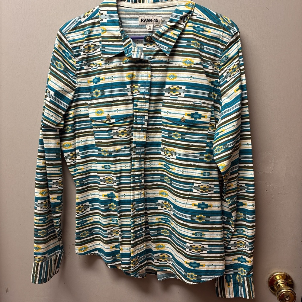 RANK-45 Women's Teal Striped Button-Down Shirt